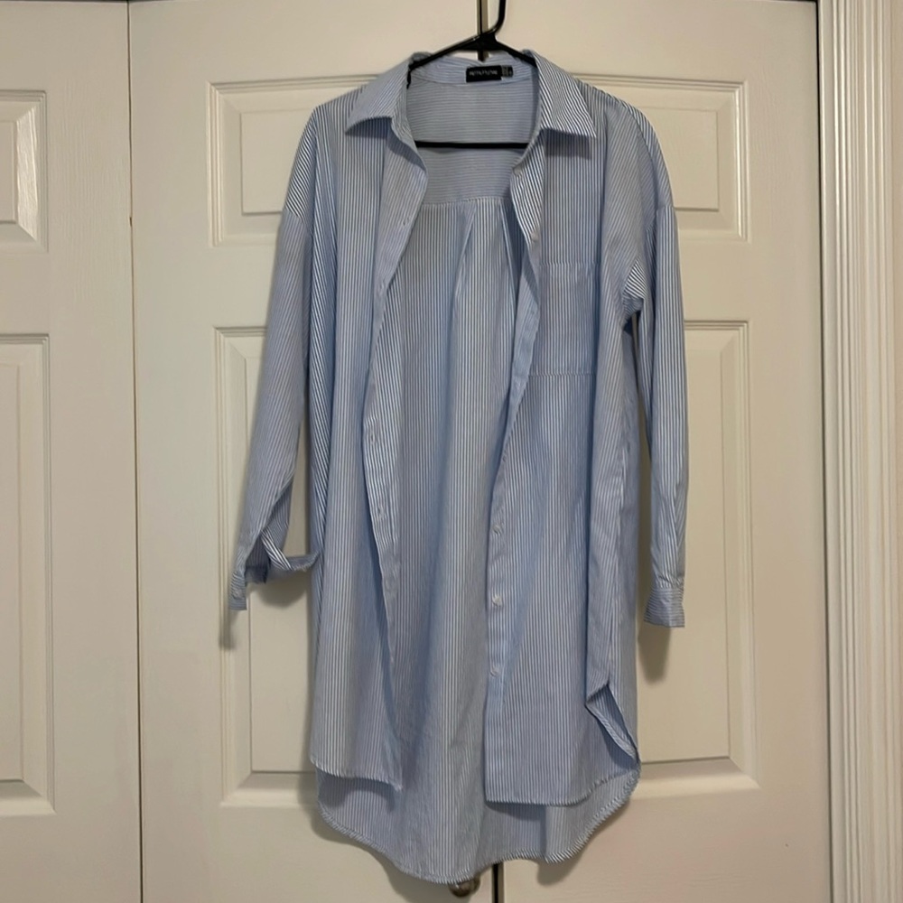 White and blue striped mini dress.